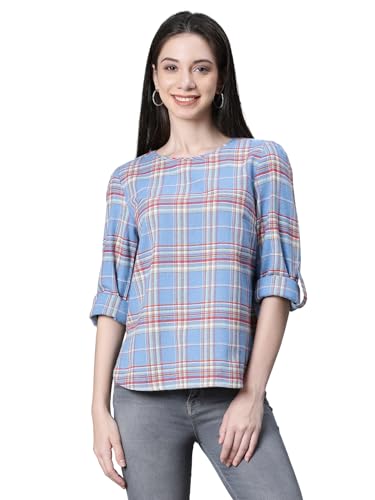 Image of oxolloxo Women Cotton Casual Tops | Regular Fit Checked Checked Round Neck |Regular Tops for Women |Navy Blue