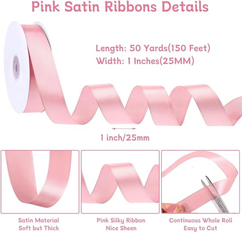 Image of woric Pink Ribbon 1 Inch 50 Yards Pink Bow Satin Ribbon for Flower Bouquet Girls Hair Bows Diaper Cake Baby Nursery Bridal Party Ribbons