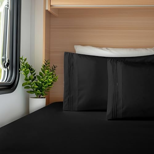Image of Elegant Comfort Luxurious 1500 Premium Hotel Quality Microfiber Three Line Embroidered Softest 4-Piece Bed Sheet Set, Wrinkle and Fade Resistant, RV Short Queen, Black