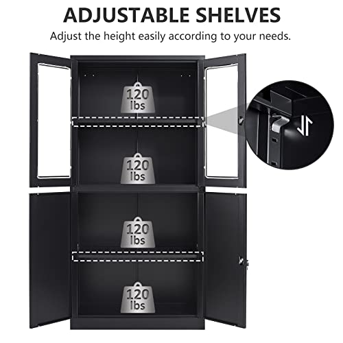 Lissimo Metal Storage Cabinet With Glass Doors, Lockable Office Cabinet, 71" Tall Steel Cabinet With Adjustable Shelves For Home Office,School And Hospital (Black) #TOP6