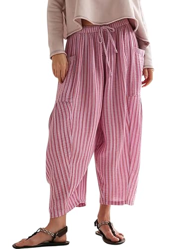 MISSACTIVER Women Summer Striped Harem Pants Flowy Baggy Casual Wide Leg Trousers Drawstring Boho Palazzo Pants with Pockets