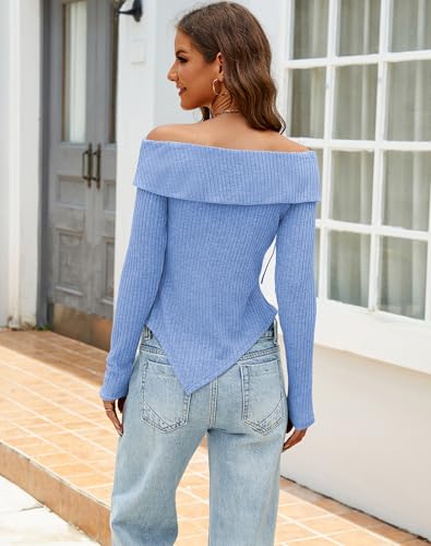 Bluetime Womens Off Shoulder Sweater Tops Long Sleeve Asymmetrical Hem Pullover Sweater Ribbed Knitted Slim Fit Sweaters4