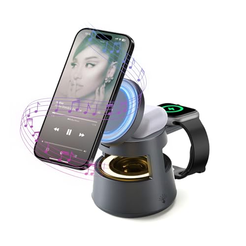 KozyOne 5-in-1 draadloos laadstation met bluetooth-luidspreker, magnetische snellader, nachtlampje, ultiem laadstation, compatibel met iPhone 17/16/15/14/13/12, Apple Watch, AirPods