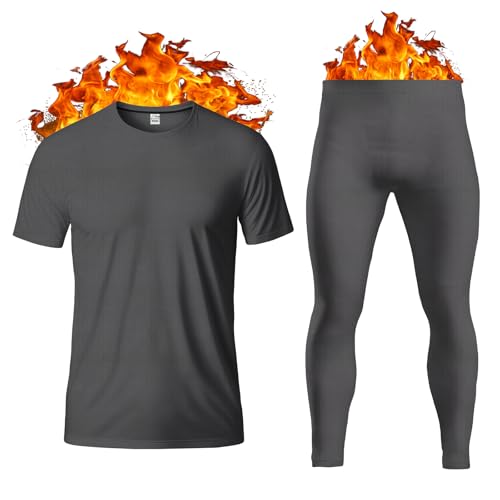 Thread Linens Conjunto de Ropa Interior térmica para Hombre, Capa Base, Camiseta de Manga Corta, Chaleco, Camiseta y Calzoncillos Largos para Hombre, Ultra Suave, cálido, Talla S-XXL, Gris Oscuro, M