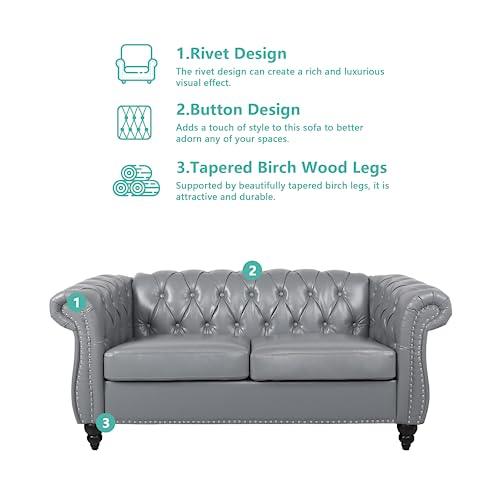 Image of QHITTY Accent Sofa, Chesterfield Loveseat Modern Leather Couch Upholstered Sofa with Tufted Back for Living Room Furniture (Grey)