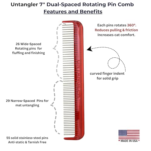 Image of Cat Comb, 7 inch, Ferrari Red - Silky Smooth Rotating Teeth for Gently Detangling Matted Cat Hair, Stainless Steel, Made in USA, Vet Recommended