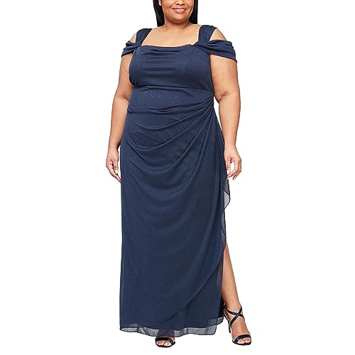 Image of Alex Evenings Women's Long Cold Shoulder Dress, Mother of The Bride, Formal Events, Dark Navy Glitter, 16 Plus