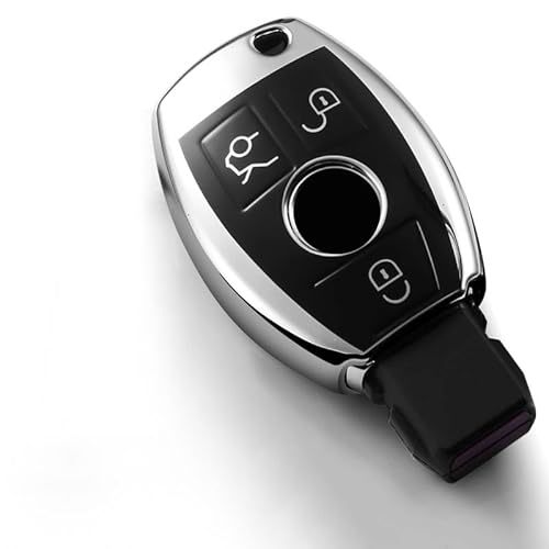 FXDSCA Autoschlüssel Hülle für Benz A B C E S CLK AMG Class C180 W164 W245 W209 W204, Schlüsselhülle Schlüsselanhänger, Auto Fernschlüssel Schutzhülle Auto Schlüsselanhänger Zubehör,Silver-A