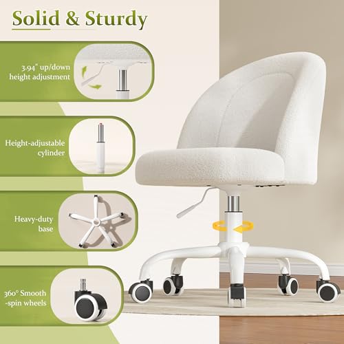Image of DurayLoly White Vanity Chair with Wheels, Cute Desk Chair with Back, Armless Chair with Height Adjustable & 360 Swivel, Soft Lumbar Support for Small Space, Bedroom