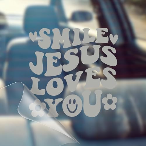Image of Smile Jesus Loves You - Christian Jesus Cross Car Vinyl Decal Bumper Sticker for Car, Wall, Window, Vehicle, Weather Resistant, Viral (2, Silver)