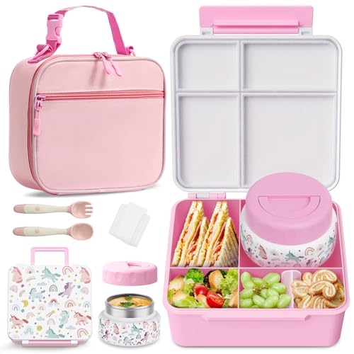 FAJSL Bento Box for Kids with Thermo Food Container (9oz), 4-Compartment Lunch Box, Adjustable Divider, Leakproof Bento Lunch Box, Includes Utensils &...