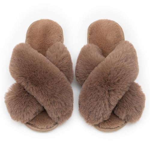 Csfry Women's Cross Band Fuzzy Slippers Fluffy Open Toe House Slippers Chocolate US9-10