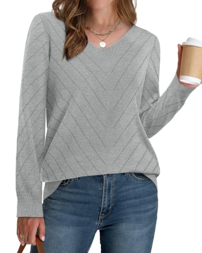 Image of WIHOLL Sweaters for Women V Neck Casual Knit Long Sleeve Tops Lightweight Pullover Clothes Fall Fashion Outfits 2026