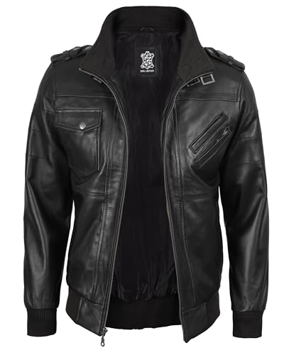Image of fjackets Men Hooded Leather Jacket - Real Lambskin Men's Bomber Leather Jackets with Detachable Hood Stylish Casual Outerwear