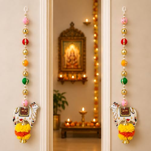 Image of Akaar Decor Pichwai Cow Hanging Set of 2 | Traditional Kamdhenu Cow Door Hanging with Multicolor Beads & Pom Pom Tassels | Festive Wall Decor for Diwali, Pooja Room, Temple & Home Entrance