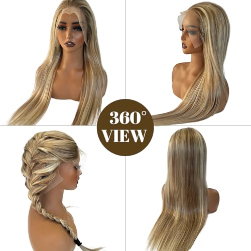 Image of Belaved 8B60A Highlight Lace Front Wigs Human Hair 13x6 Medium Brown Mix Blonde Long Straight Balayage Blonde with Brown Roots 180% Density for Women Pre Plucked With Baby Hair 16 Inch
