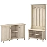 Bush Home Salinas Entryway Storage Set with Hall Tree, Shoe Bench and Accent Cabinet in Antique White