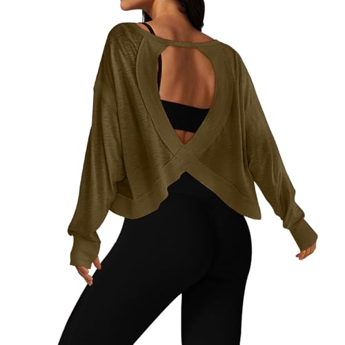 Image of UNIANKIYA Open Back Workout Tops for Women Long Sleeve Cropped Athletic Clothes Gym Running Yoga Low Impact Sports T Shirts