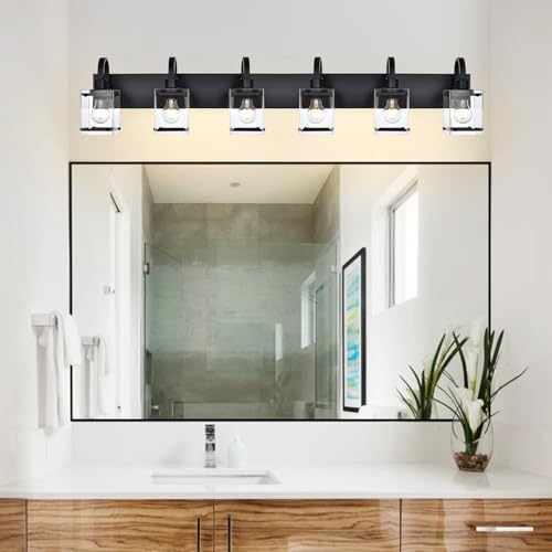 Image of 6 Light Bathroom Vanity Lights Fixtures, Black Bathroom Wall Lights Modern Bath Wall Mounted Lights with Clear Glass Shade Wall Light for Mirror Bed Hallway (E26 Base)