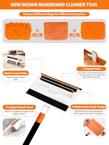 Image of 4-in-1 Baseboard Cleaning Tool with Extendable Handle 5 Reusable Pads 1 Carpet Rake Stiff Bristle Brush Multi-Surface Baseboard Brush for Cleaning Baseboard Wall Carpet Floor Bathroom Kitchen Pet Hair