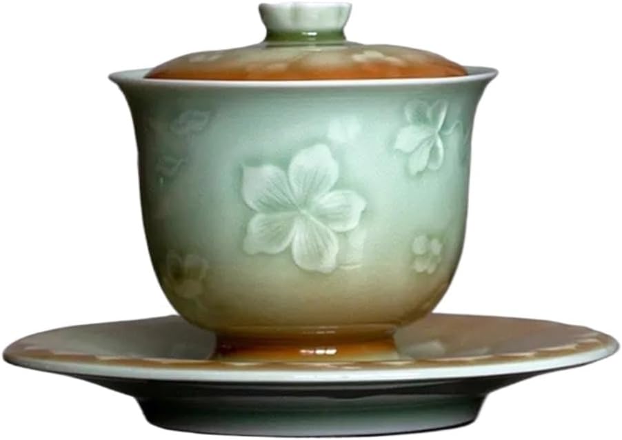 Celadon Hand-made Embossed Flowers Three Talents Tea Tureen Household Bowl Single Gaiwan