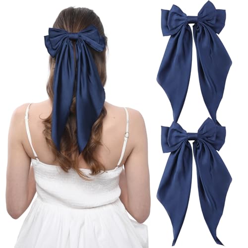 2PCS Big Hair Bow Clips for Women Girls Navy Blue Satin Ribbon Bow Barrettes with Long Tails Large Hair Accessories for Ponytail Party Wedding & Everyday Wear