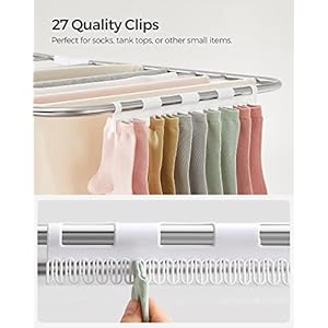 SONGMICS Clothes Drying Rack, Foldable 2-Level Laundry Drying Rack, Free-Standing Large Drying Rack, with Height-Adjustable Wings, 33 Drying Rails, Sock Clips, Silver and White ULLR053W01 SONGMICS Clothes Drying Rack Foldable 2 Level Laundry Drying Rack Free Standing Large Drying Rack with Height Adjustable Wings 33 Drying Rails Sock Clips Silver and White ULLR053W01