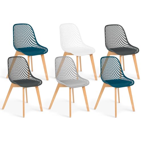 IDMarket - Lot de 6 chaises Mandy Mix Color Blanc, Gris Clair, Bleu Canard x2, Gris foncé x2