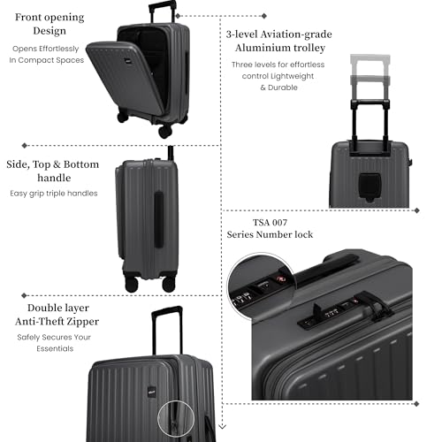 Image of F Gear Montreal Small Cabin Pro 54cm German Polycarbonate Hard Luggage |8 Japanese Hinomoto Silent Wheels|USB & Type-C Charging | Front Opening Suitcase for Travel (Steel Grey)