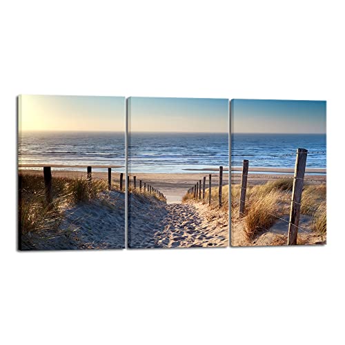 Wieco Art 3 Piece Beach Coastal Sand Dune Canvas Prints Modern Stretched Wall Art Seascape Pictures Paintings for Living Room Bedroom Home Decorations Landscape Artwork