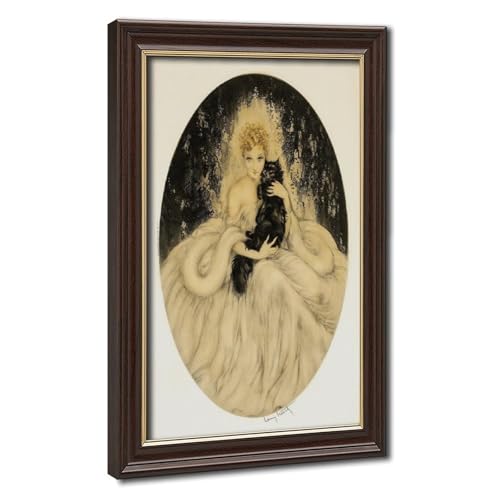 Affiche Louis Icart Femme avec Chat Noir impression toile cadre 20x30 cm