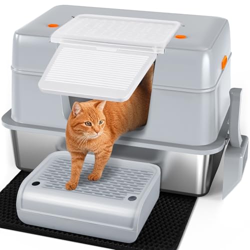 Image of Vivifying Stainless Steel Litter Box with Lid, XL Side Entry Extra Large Litter Box for Big Cats & Kitty, Removable Enclosed Metal Cat Pan with High Sided Enclosure, Scoop, Mat, Footboard (Gray)