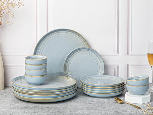 Image of Bodhi House Handcrafted Chip Resistance Porcelain Dinner Set, 18 Pieces Dish Set Serving for 6, Microwave and Dishwasher Safe, Bone-ash Free, Crockery Set for Dining and Gifting, Arctic Blue