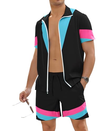 UOUA 80s Outfit for Men 90s Color Block Costumes 2 Piece Retro Short Sleeve Jacket & Shorts Set for Party Black L