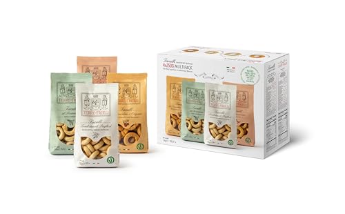 Terre Dei Trulli Taralli Multi Pack - 4 Confezioni Da 250g | Pugliesi Tradizionali Pugliesi, Rosmarino, Pomodoro e Origano, Peperoncino | Taralli Artigianali | Snack Salati Per Un Aperi Snack Genuino