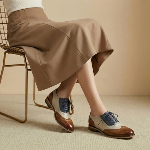 Image of Mona flying Womens Leather Wingtip Oxfords Brogue Shoes Lace-up Flats