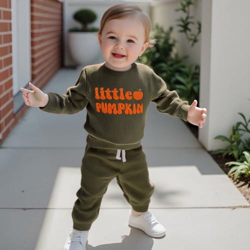 Karuedoo Toddler Baby Boy Halloween Outfit Little Pumpkin Embroidered Waffle Knit Sweatshirt and Pants Set 2Pc Fall Clothes4