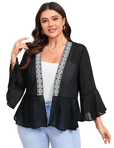 Image of Women's Plus Size Lightweight Chiffon Cardigan Open Front Cover Up Long Sleeve Ruffles Summer Top Casual Beachwear