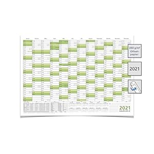 Wandkalender/jaarkalender 2021, DIN A2 59,4 x 42,0 cm met vakanties opgerold groen