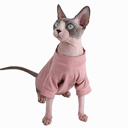 Sphynx Hairless Cat Cotton Tshirts Pet Clothes, Pullover Kitten T-Shirts With Sleeves, Cats & Small Dogs Apparel Solid Color Pink #TOP1