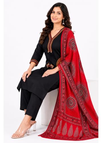 Image of Pure Cotton Anarkali Kurta Set for Women with Dupatta | 3 Piece Cotton Anarkali Suit | Floral Aari Work | Flared Ethnic Wear