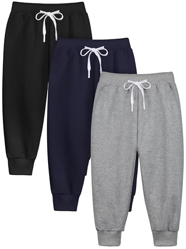 Resinta 3 Pack Toddler Girls Boys Sweatpants Kids Casual Athletic Pull-On Cotton Jogger Pants with Drawstring for Boys Girls