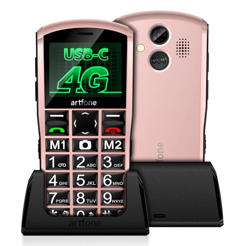 artfone Teléfono Móvil para Mayores 4G A400, Pantalla Grande 2.4”, Teclas Grandes, Sonido Alto, Botón SOS, Base de Carga, Cámara, Bluetooth, Radio FM, Internet, MMS, Dual SIM (Oro Rosado)
