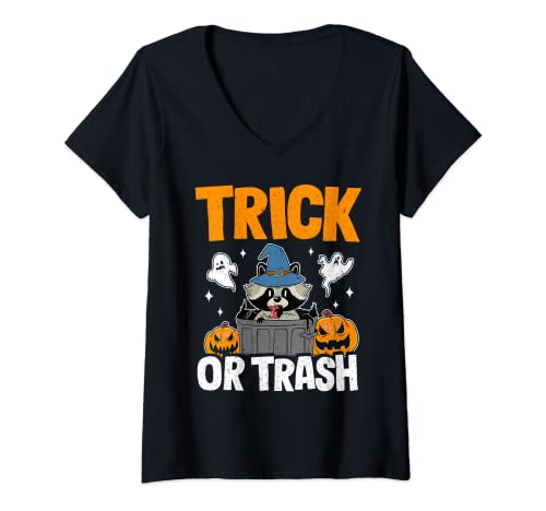 Mujer Trick Or Trash Raccoon divertido Halloween Camiseta Cuello V