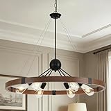 31.5" Rustic Wagon Wheel Chandelier, 6-Light Industrial Farmhouse Pendant with Adjustable Chain, Brushed Wood Grain Finish, for Dining Room Kitchen Island Living Room Entryway