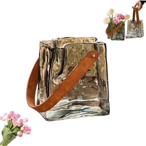 Vaso di vetro a forma di borsa, vaso di vetro creativo a forma di borsa, vaso di vetro irregolare pieghettato a forma di borsa con manico in pelle, piccoli vasi per la decorazione della borsa per la