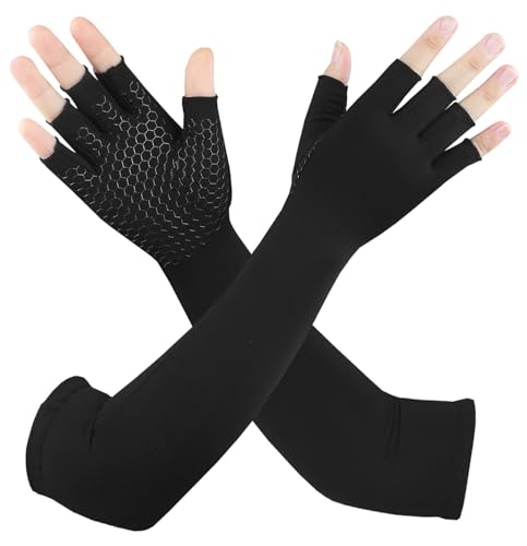 Gorbgle Long Copper Arthritis Gloves for Carpal Tunnel, Compression Gloves for Hand Pain Relief, Wrist Arm Support, Fingerless Typing Gloves for Rheumatoid, Tendonitis, Fits Women Men, 1 Pair, Medium