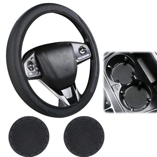 Black Leather Steering Wheel Cover + 2 Coasters - Universal 37-38cm Sporty
