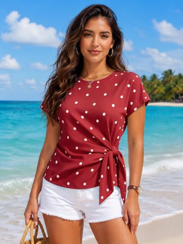Image of HOTIAN Womens Cap Sleeve T Shirts 2026 Tie Waist Wrap Tops Crew Neck Blouses Dressy Casual Loose Work Business Dressy
