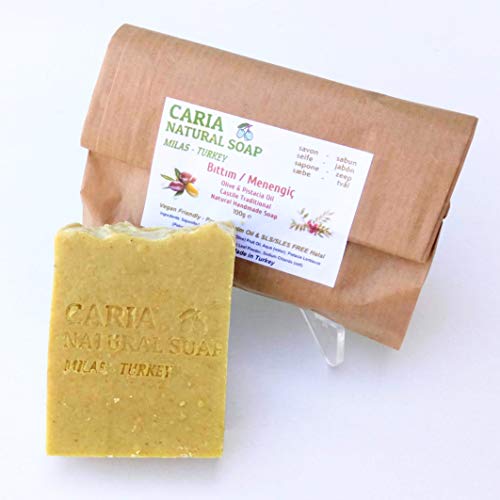 Caria Natural Soap Moisturising Olive and Wild Pistacia Oil Soap Bar (Bittim/Menengic). Natural Face, Hands & Body Wash. Softens & Nourishes Skin. Castile Traditional Vegan Handmade in Turkey (3 bars)